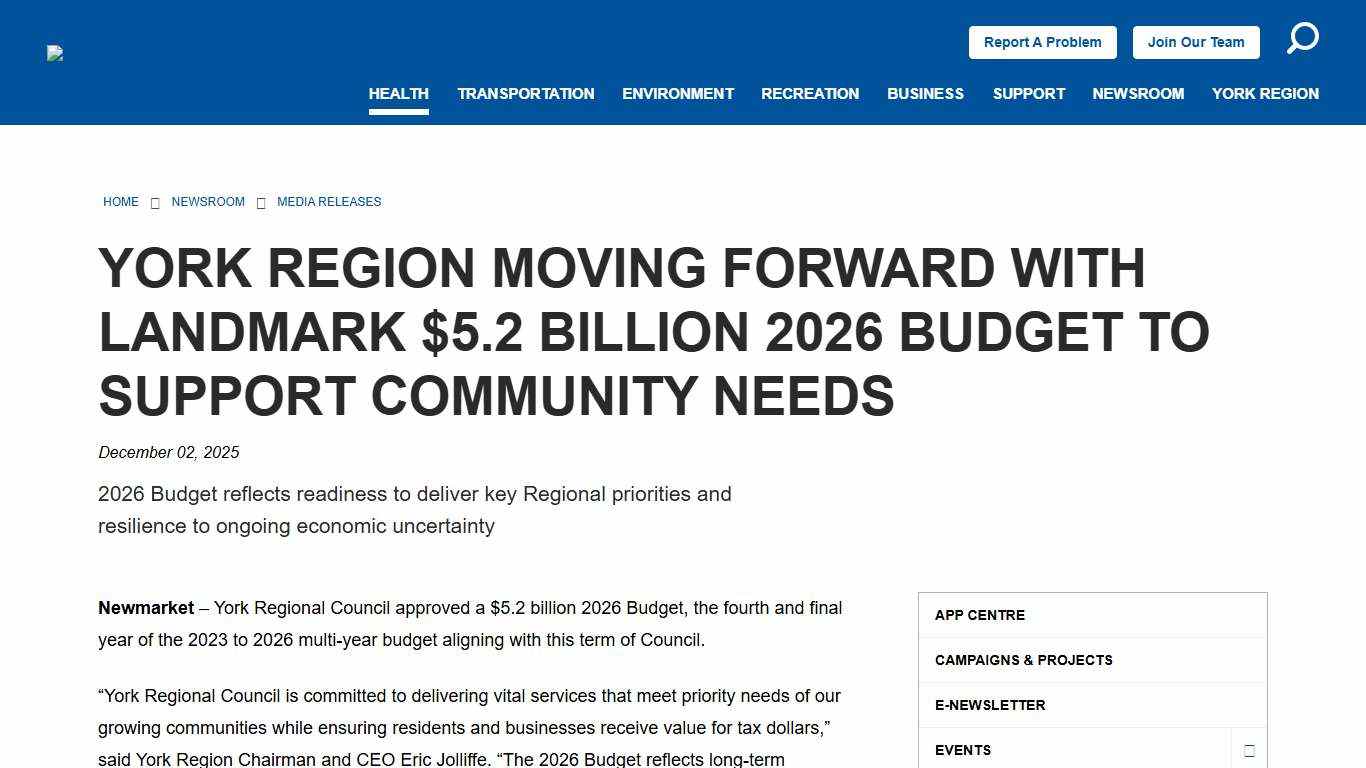 York Region moving forward with landmark $5.2 billion 2026 Budget to support community needs York Region
