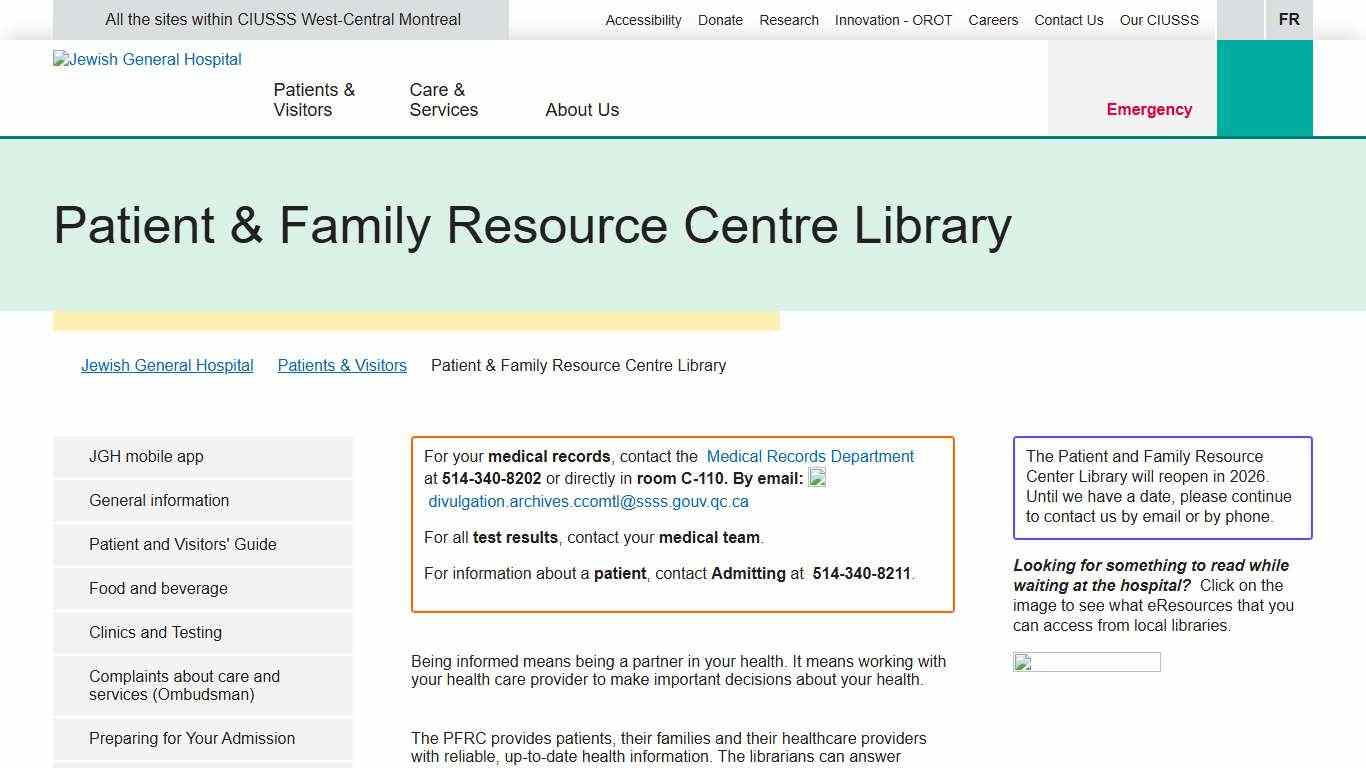 Jewish General Hospital Patient & Family Resource Centre Library