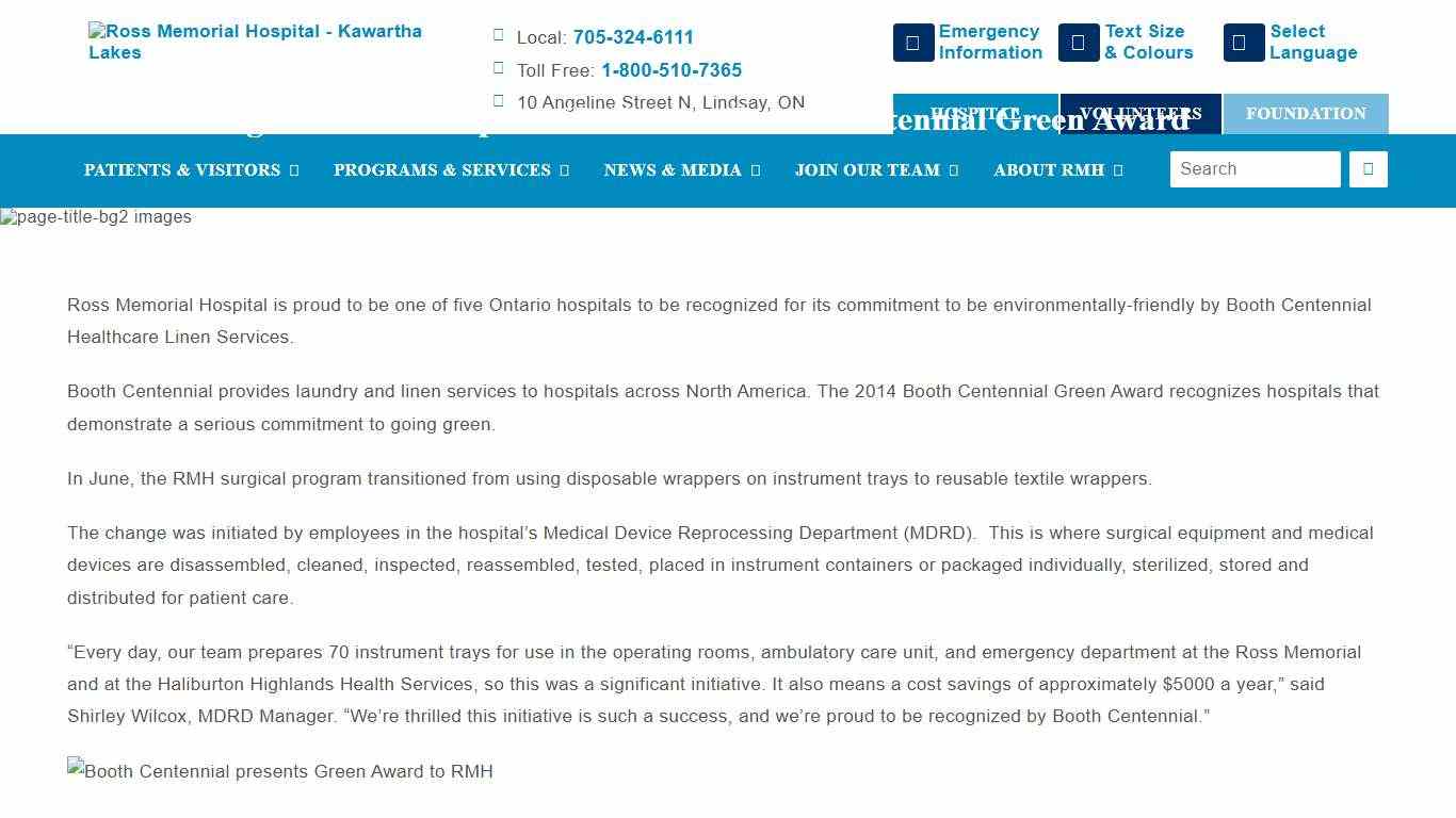RMH among 5 Ontario hospitals to receive Booth Centennial Green Award Ross Memorial Hospital